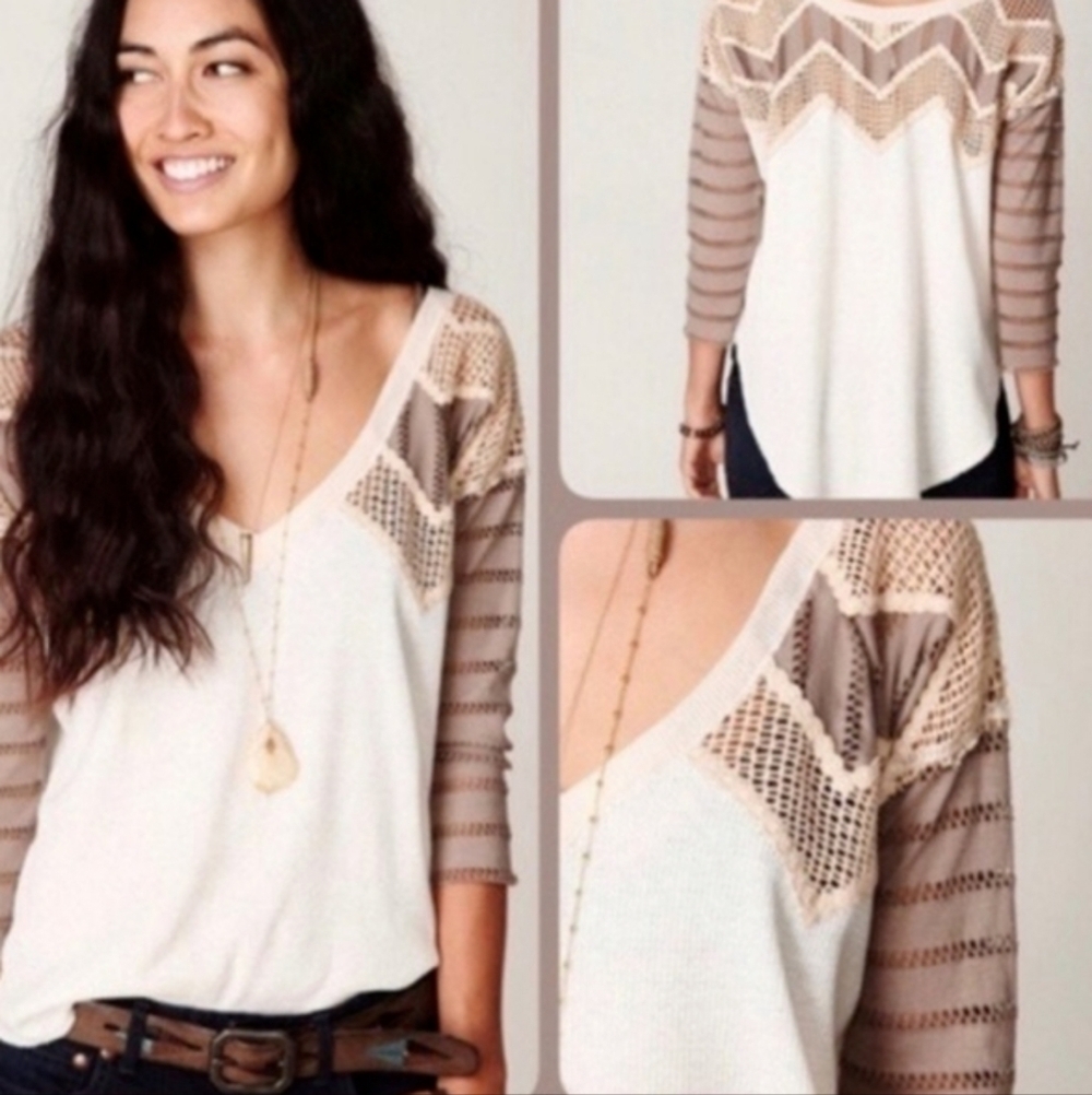 Free People White and Light Brown Crochet Neutral Thermal Top Size Xs - Picture 2 of 11